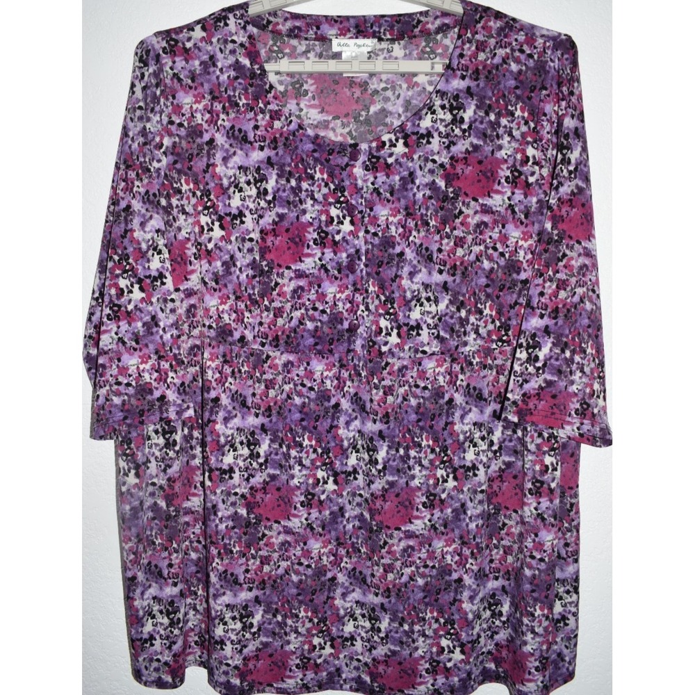 Ulla Popken 28 30 Purple Floral Tunic‎ Peasant Top 4 button Stetch Comfy Popover